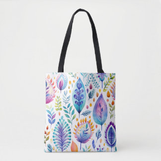 Tote Bag Feuilles et plumes bohèmes colorées