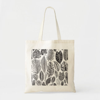 Tote Bag Feuilles exotiques, vintage floral noir et blanc.