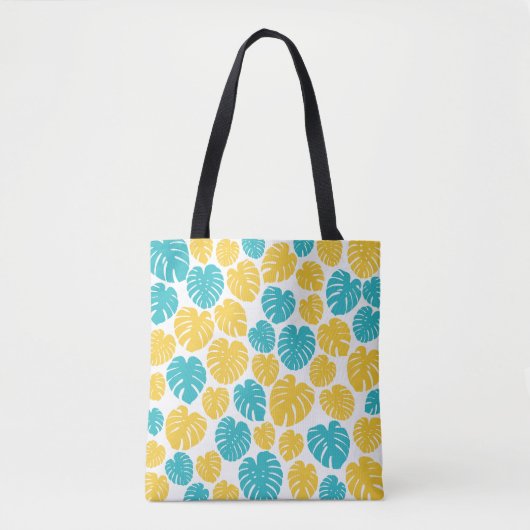Tote Bag Feuilles Monstera en Turquoise, Jaune et Blanc (Devant)