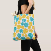 Tote Bag Feuilles Monstera en Turquoise, Jaune et Blanc (De près)