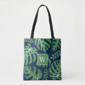 Tote Bag Feuilles Monstera Monogramme Marine et Vert (Devant)