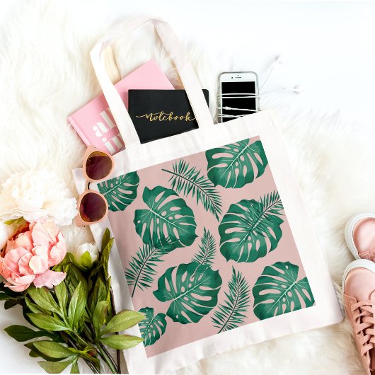 Tote Bag Feuilles Pink & Green Palm sans couture Motif