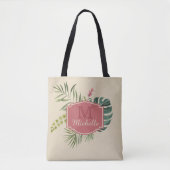 Tote Bag Feuilles tropicaux avec nom et monogramme (Devant)