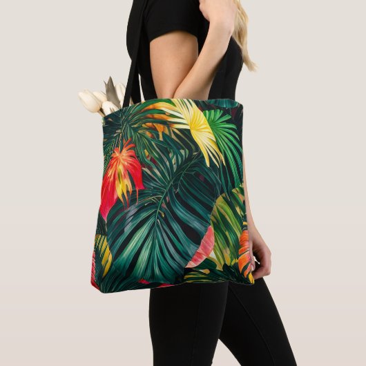 Tote Bag Feuilles tropicaux colorés et fleurs d'Hibiscus | (De près)