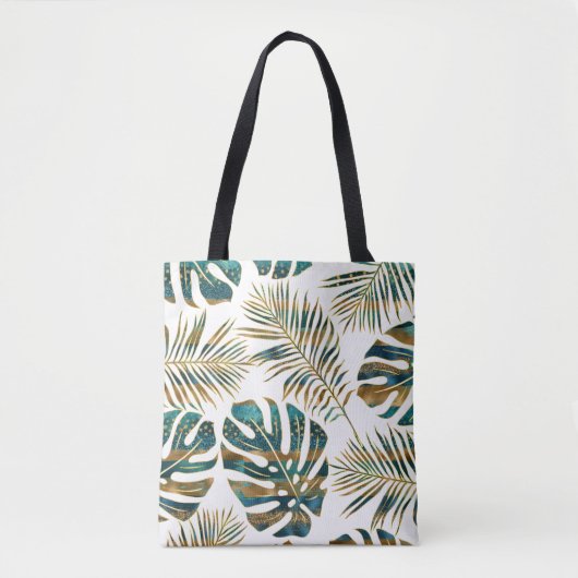 Tote Bag feuilles tropicaux turquoises et dorés (Devant)