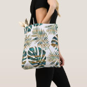 Tote Bag feuilles tropicaux turquoises et dorés (De près)