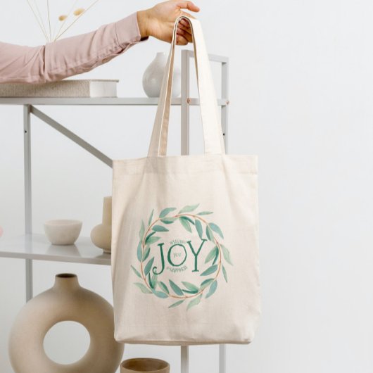 Tote Bag Feuilles vertes Grille de Noël Texte Joie Modèle