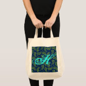 Tote Bag Feuilles vertes sur cabas bleu avec initiale aqua (Devant (produit))