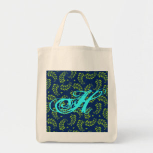 Tote Bag Feuilles vertes sur cabas bleu avec initiale aqua