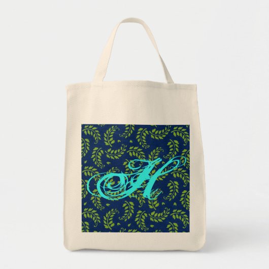 Tote Bag Feuilles vertes sur cabas bleu avec initiale aqua (Devant)