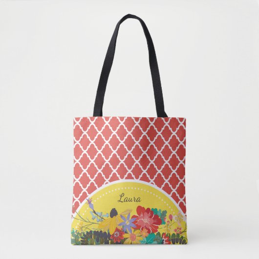 Tote Bag Fiesta Rouge Floral Quatrefoil d'été avec nom (Devant)