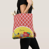 Tote Bag Fiesta Rouge Floral Quatrefoil d'été avec nom (De près)