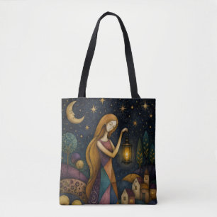 TOTE BAG FILLE À LA LANTERNE SOUS UN CIEL ÉTOILÉ BLEU
