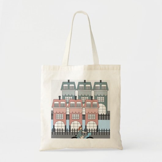 Tote Bag Fille à vélo passant devant les hautes maisons d'A (Devant)
