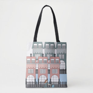 Tote Bag Fille à vélo passant devant les hautes maisons d'A