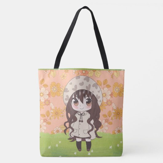 Tote Bag fille anime heureux avec des fleurs (Devant)