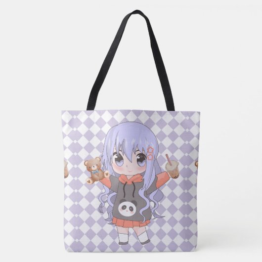 Tote Bag fille anime heureux avec des fleurs (Devant)