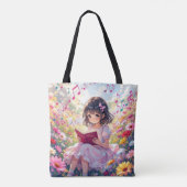 Tote Bag Fille d'anime lisant dans des fleurs et des notes  (Dos)