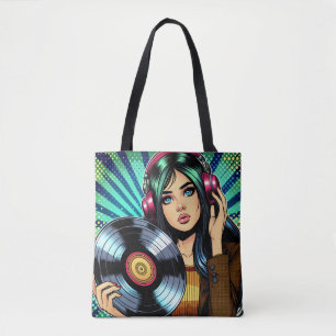Tote Bag Fille de bande dessinée d'art pop avec casque audi