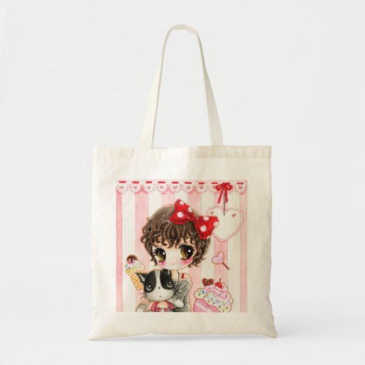 Tote Bag Fille de Kawaii avec le chat (Devant)