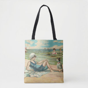 Tote Bag Fille et chien victoriens vintage au bord de la me