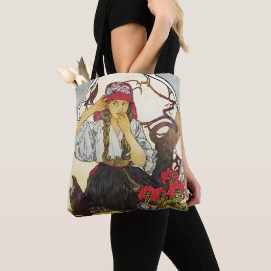 Tote Bag Fille et géranium, Mucha (De près)