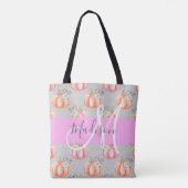 Tote Bag Fille Floral Gris rose Pêche Citrouille Nom (Dos)