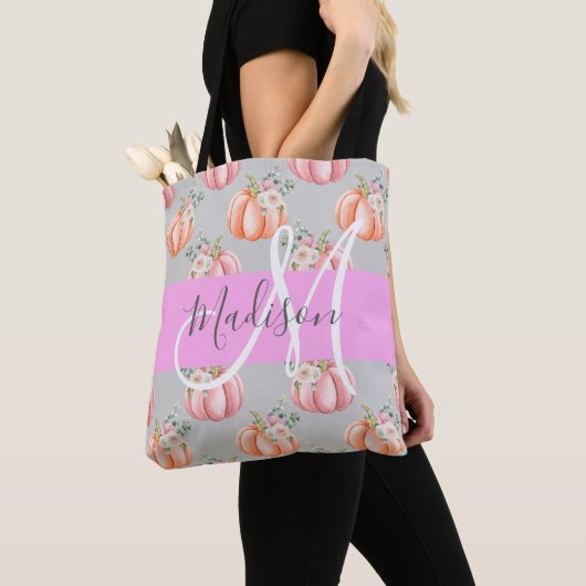Tote Bag Fille Floral Gris rose Pêche Citrouille Nom (De près)