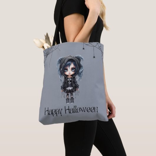 Tote Bag Fille gothique avec toiles d'araignées et araignée (De près)
