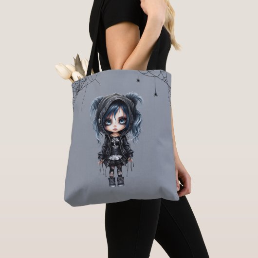 Tote Bag Fille gothique avec toiles d'araignées et araignée (De près)