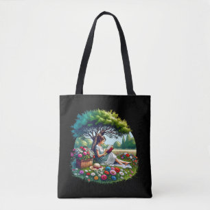Tote Bag Fille lisant sous un arbre entouré de fleurs