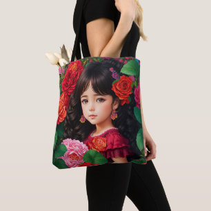 Tote Bag Fille Mignonne Aux Fleurs Roses Roses Rouges
