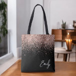 Tote Bag Fille Noir Blush Rose Rose Parties scintillant or<br><div class="desc">Sac de livre pour monogrammes élégants pour filles noires et roses d'or et roses blanches et roses d'or et de rose brillant. Ce sac de livre peut être customisé pour inclure votre nom initial et prénom et donné comme cadeau pour Noël, Sweet 16 Anniversaire, Fête des mariées ou un Mariage....</div>