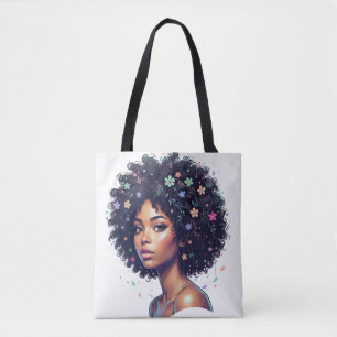 Tote Bag Fille noire fantaisiste avec afro orné de fleurs