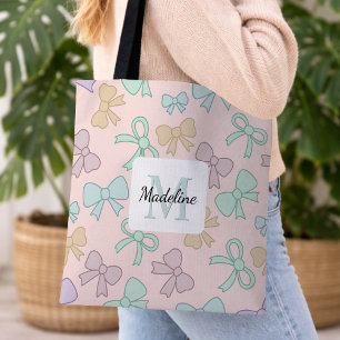 Tote Bag Fille Personnalisée Joli Nœud Nom Rose Pastel