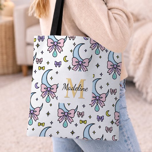 Tote Bag Fille Personnalisée Mignon Arc Nom Lunes Blanc