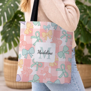 Tote Bag Fille Personnalisée Nœud Mignon Nom Rose Pastel