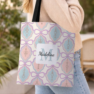 Tote Bag Fille Personnalisée Pastel Mignon Arc Nom Bleu Ros