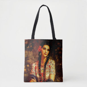 Tote Bag Fille pin-up vintage mexicaine aux longues tresses