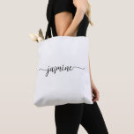 Tote Bag Fille Simple Blanc Personnalisé Nom Monogramme<br><div class="desc">Moderne Elégant Minimaliste Nettoyer Blanc Feminine Girly Monogramme Nom Signature Script Personnalisé Sac fourre-tout. Ce design avec votre prénom dans un joli style écrit à la main typographie de signature de la police de caractères (ou calligraphie) en noir sur arrière - plan blanc. Grand cadeau féminin pour anniversaire, Noël, mariage,...</div>