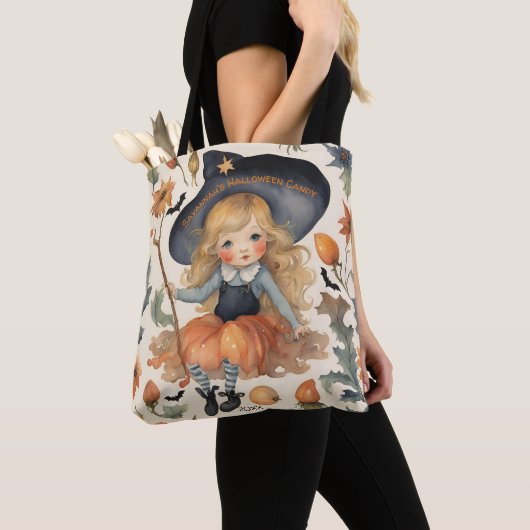 Tote Bag Fille sorcière Personnalisée Halloween bonbon (De près)
