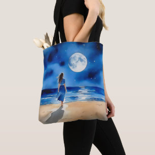 Tote Bag Fille sur la plage sous une Pleine lune