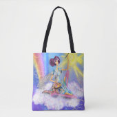 Tote Bag Fille sur nuage peinture soleil et arc-en-ciel - I (Devant)
