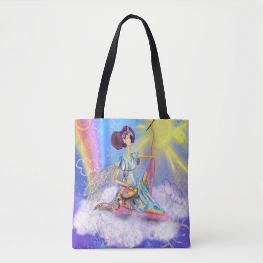 Tote Bag Fille sur nuage peinture soleil et arc-en-ciel - I (Devant)