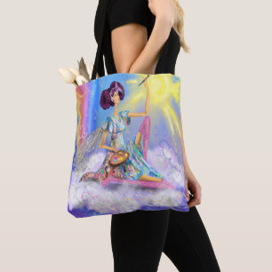 Tote Bag Fille sur nuage peinture soleil et arc-en-ciel - I
