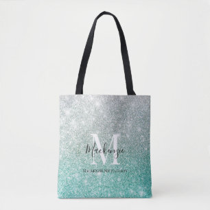 Tote Bag Fille vert argent Ombre Parties scintillant Nom du