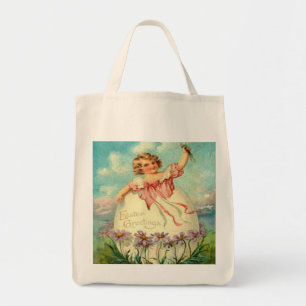 Tote Bag Fille vintage de Pâques dans l'oeuf sur les fleurs