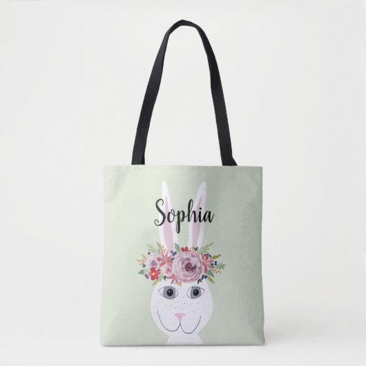 Tote Bag Filles Fleurs Whimsical Aquarelle Rabbit et nom (Devant)