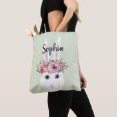 Tote Bag Filles Fleurs Whimsical Aquarelle Rabbit et nom (De près)