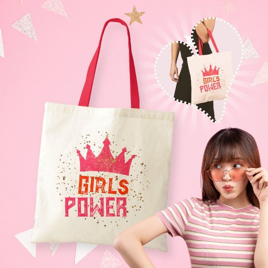 Tote Bag Filles funky Power Couronne Or étoiles rose rouge